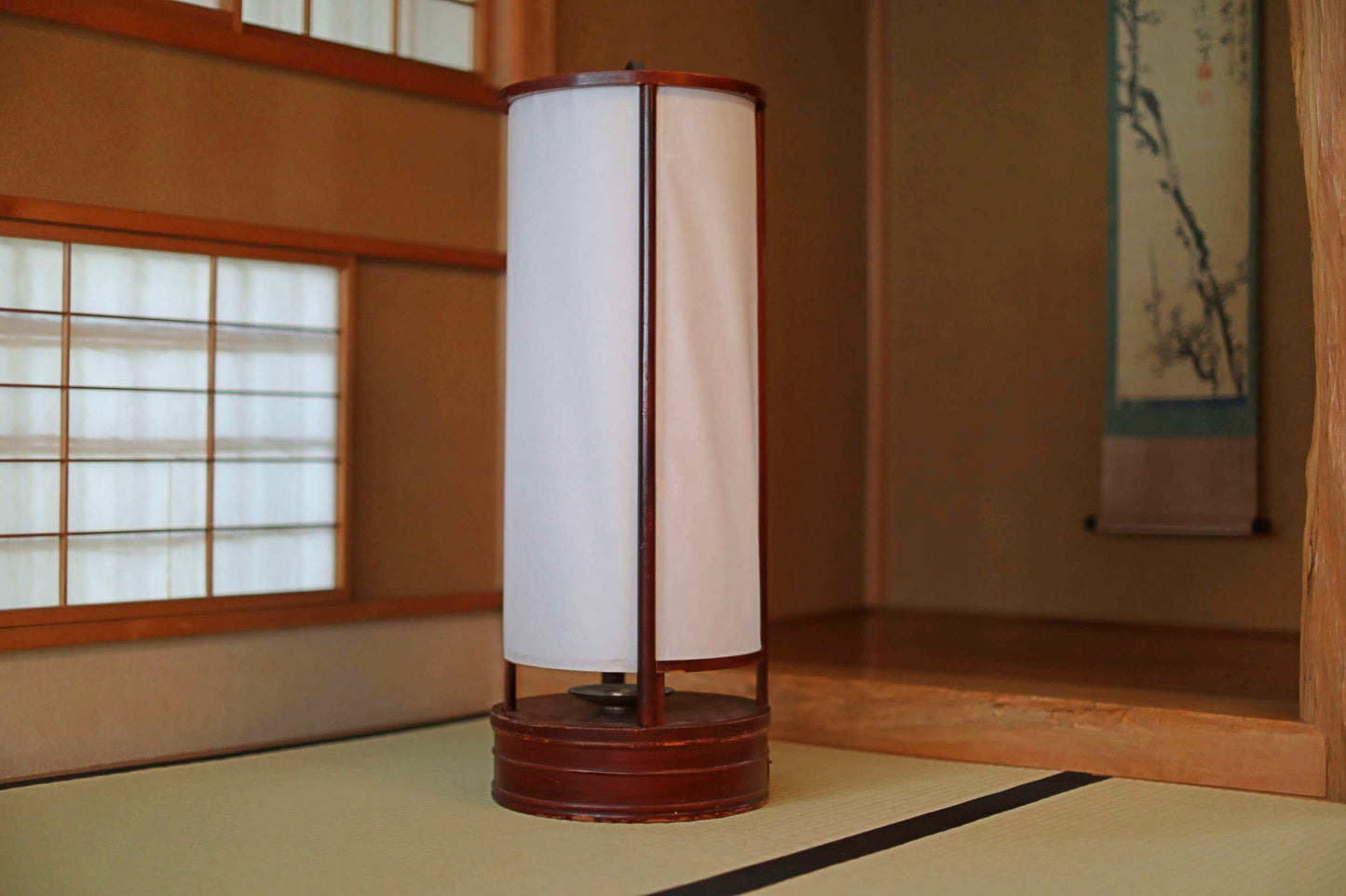 Japanese furniture antique 1800s large lantern cylinder made of brown urushi wood paper lamp shade candle holder ANDON H31.5in/H80.5cm
