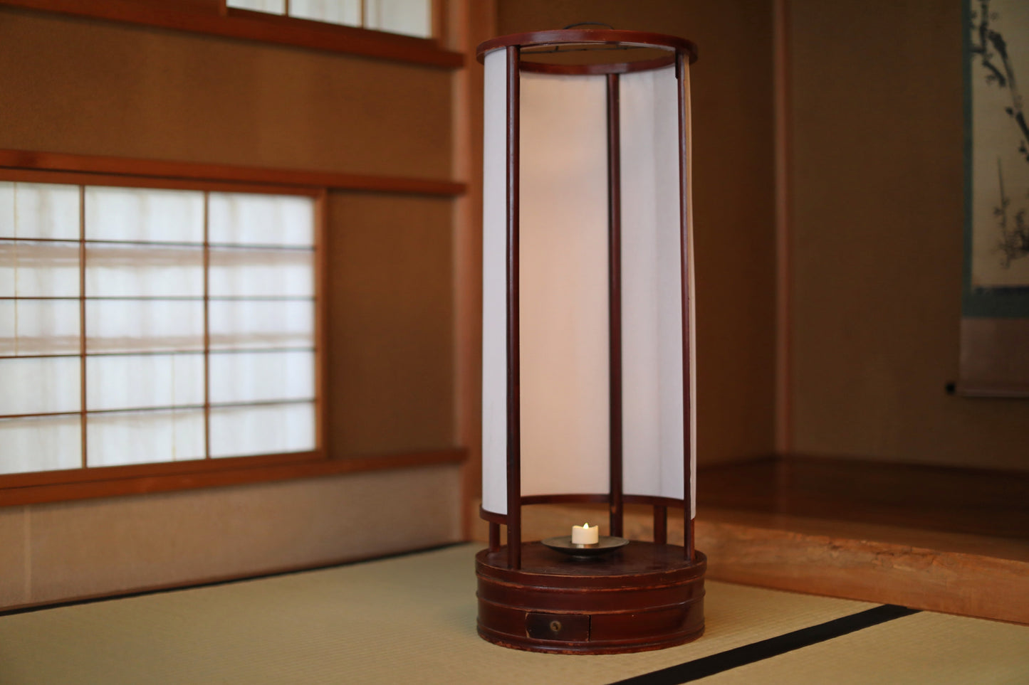 Japanese furniture antique 1800s large lantern cylinder made of brown urushi wood paper lamp shade candle holder ANDON H31.5in/H80.5cm