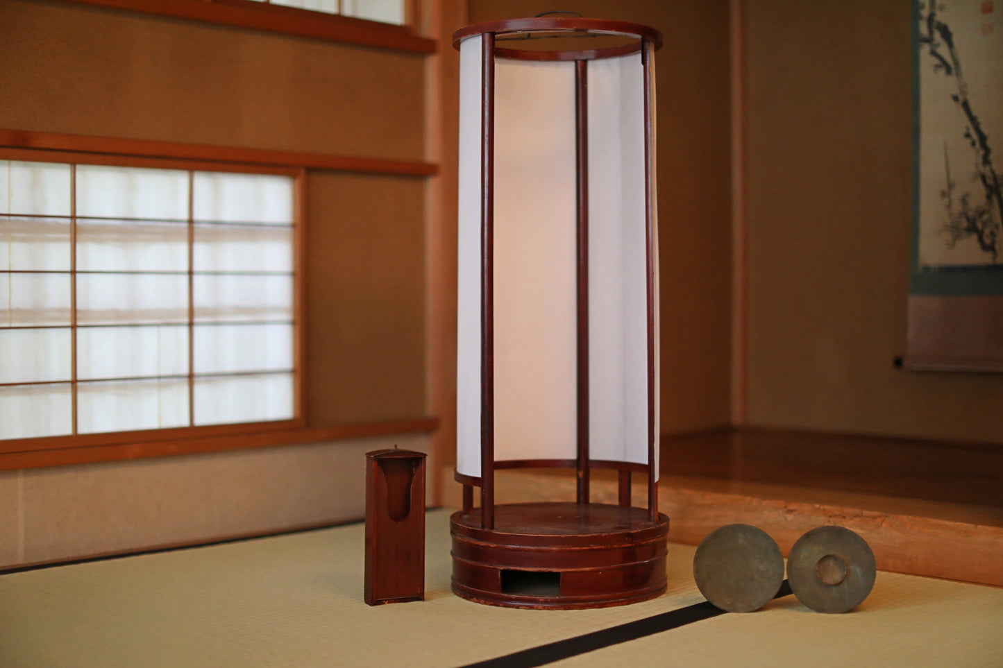 Japanese furniture antique 1800s large lantern cylinder made of brown urushi wood paper lamp shade candle holder ANDON H31.5in/H80.5cm