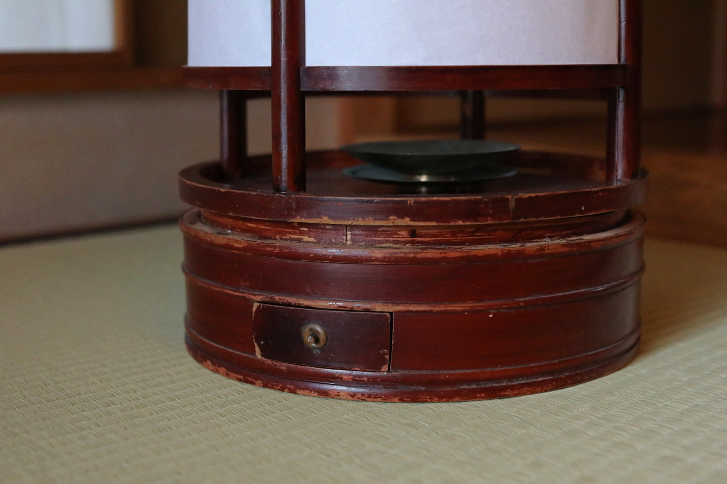 Japanese furniture antique 1800s large lantern cylinder made of brown urushi wood paper lamp shade candle holder ANDON H31.5in/H80.5cm