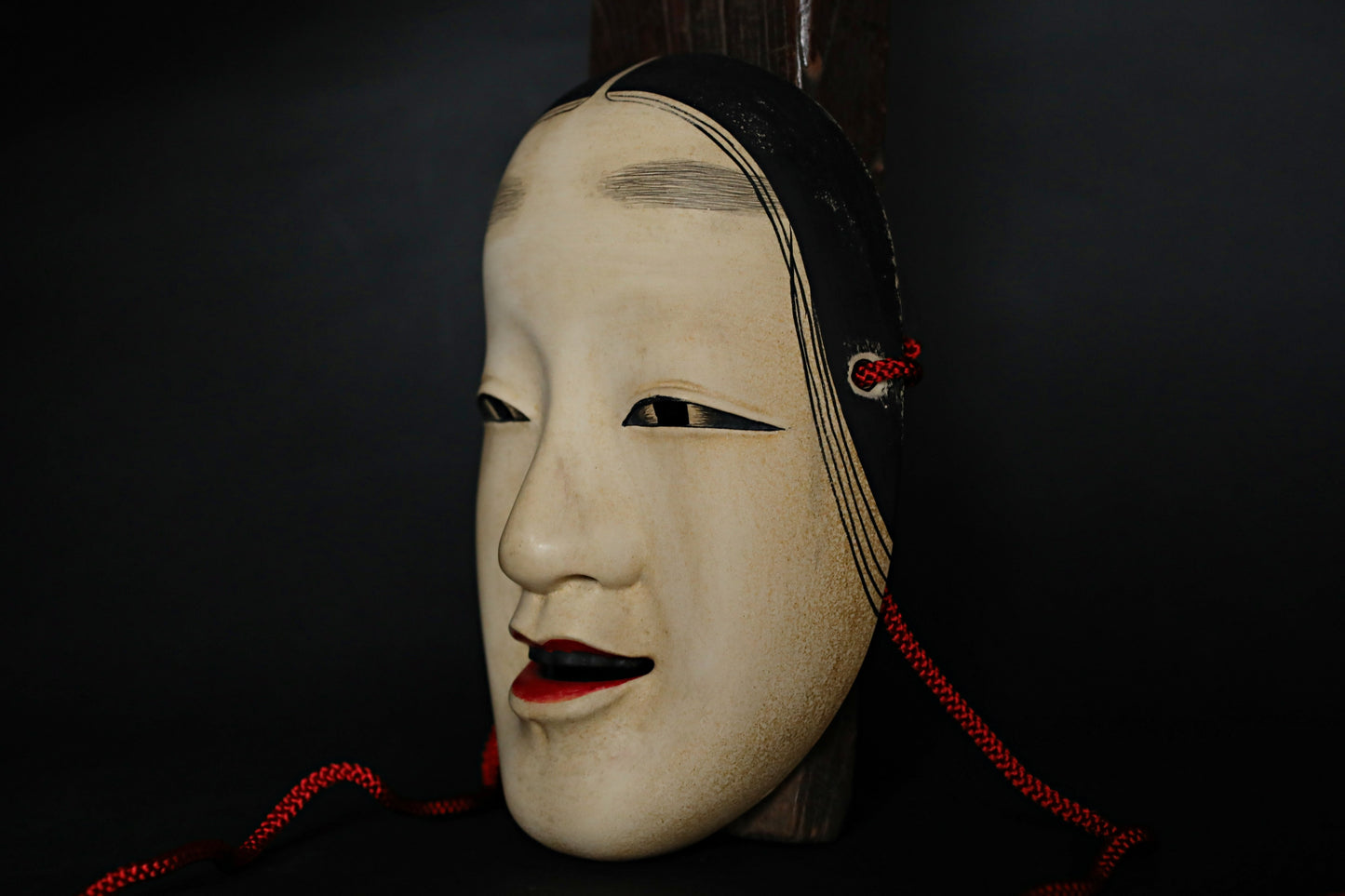 Japanese Noh mask wood carving MAGOJIRO wall ornament signed with silk bag