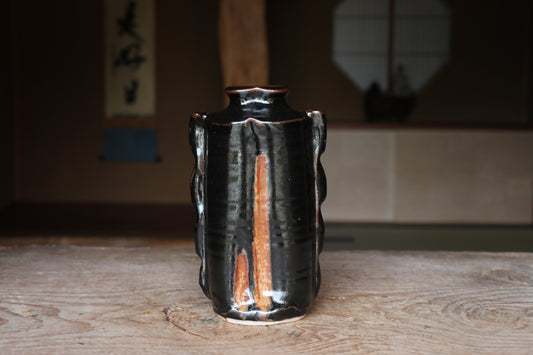 Japanese vintage ceramic flower vase black color hand made with signed wooden box For GIFT IKEBANA Tea ceremony 9.8in/25cm