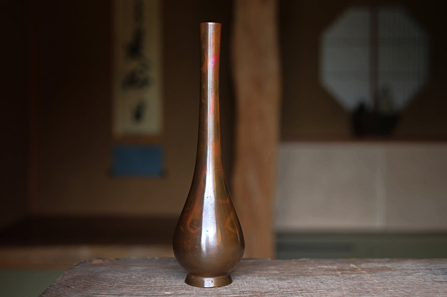 FINE! Japanese bronze vase Pink Purple marbled collar made by workshop dating back to the Edo with box for Tea ceremony For Gift H11in/H28cm