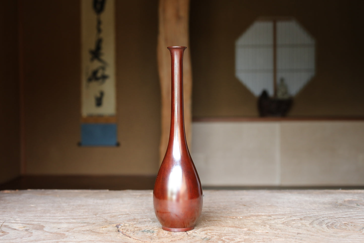 Japanese antique bronze vase brown, with Kanji signature for Tea ceremony, name 鶴首TSURUKUBI (shape of the neck of a crane) H10.6×2.8in