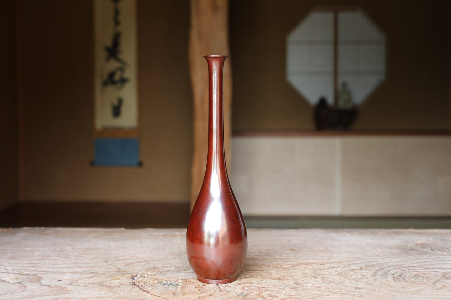 Japanese antique bronze vase brown, with Kanji signature for Tea ceremony, name 鶴首TSURUKUBI (shape of the neck of a crane) H10.6×2.8in