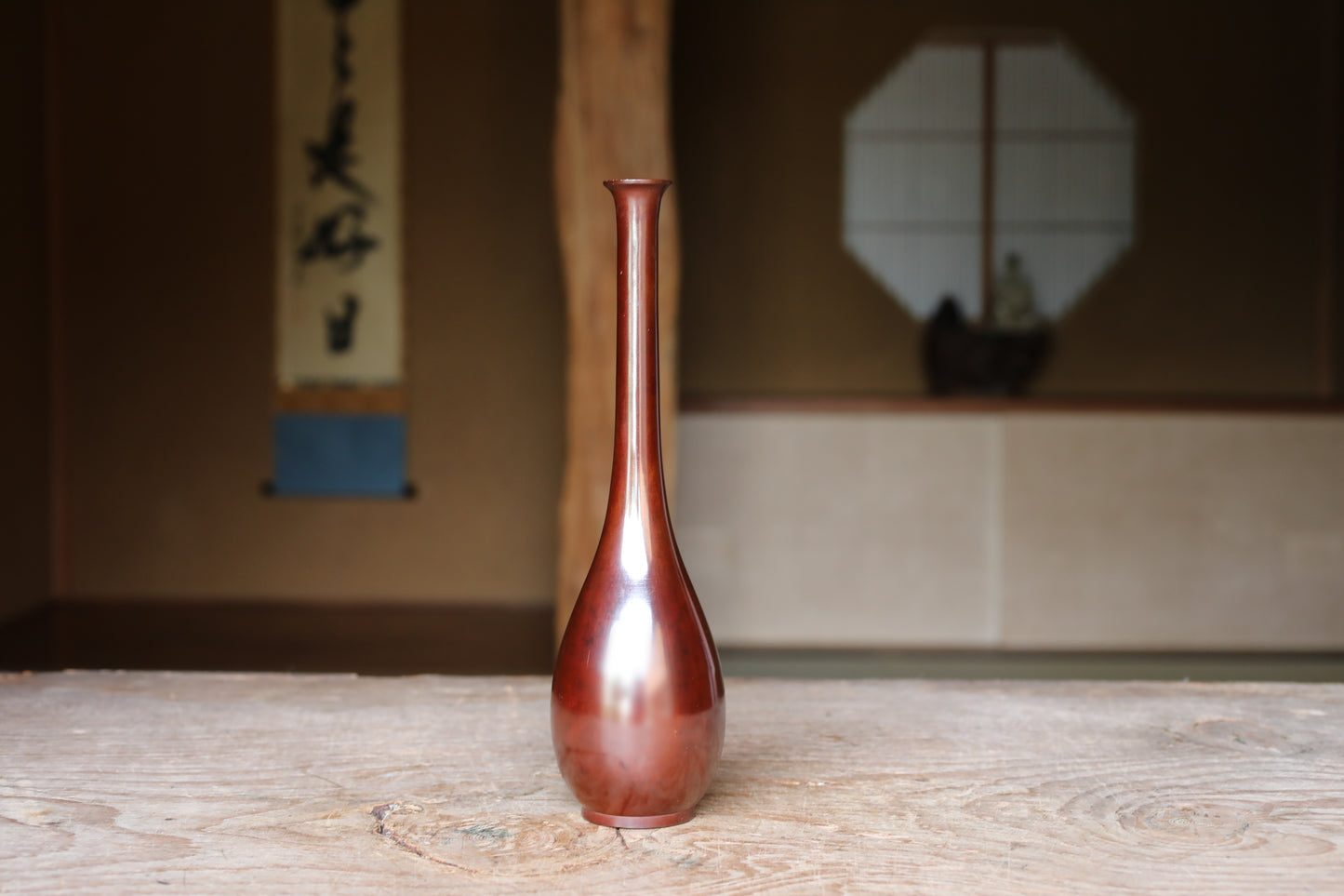 Japanese antique bronze vase brown, with Kanji signature for Tea ceremony, name 鶴首TSURUKUBI (shape of the neck of a crane) H10.6×2.8in
