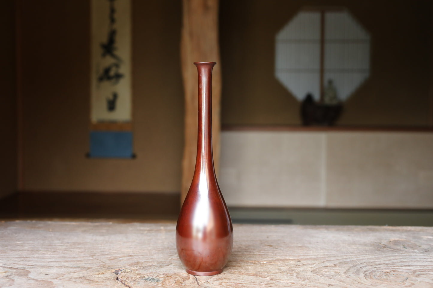 Japanese antique bronze vase brown, with Kanji signature for Tea ceremony, name 鶴首TSURUKUBI (shape of the neck of a crane) H10.6×2.8in