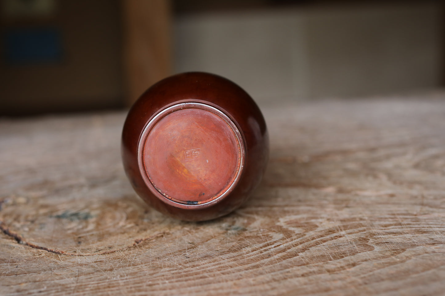 Japanese antique bronze vase brown, with Kanji signature for Tea ceremony, name 鶴首TSURUKUBI (shape of the neck of a crane) H10.6×2.8in