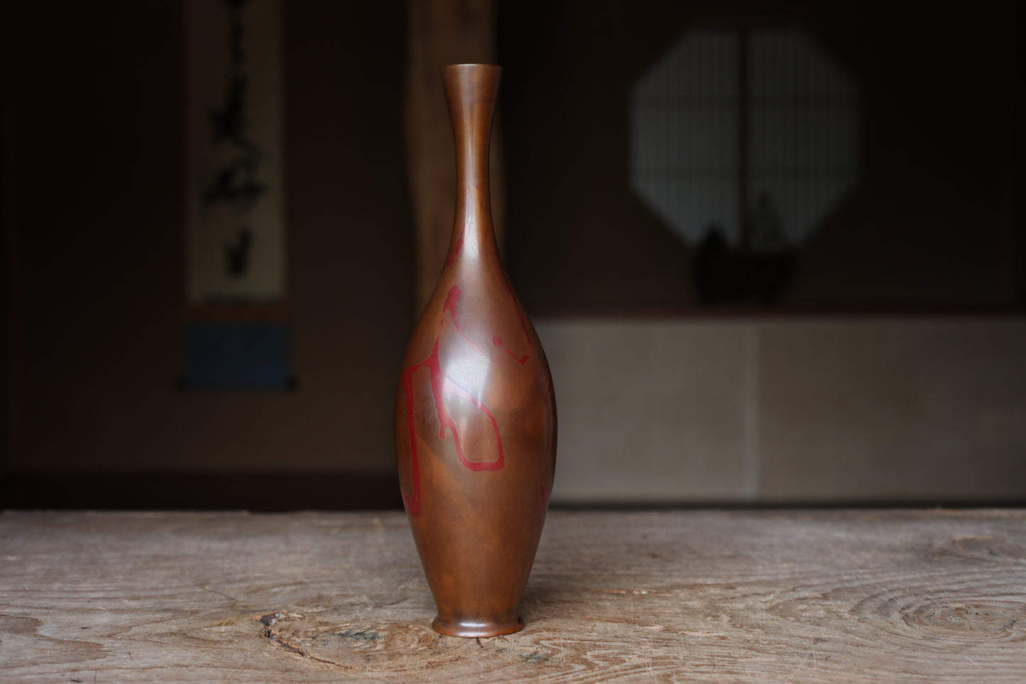 FINE! Japanese vintage bronze vase 鶴首TSURUKUBI gourd shaped marbled collar with wood box, for Tea ceremony TAKAOKA For Gift H10.8in/H27.5cm