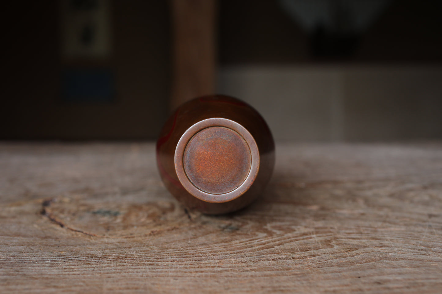 FINE! Japanese vintage bronze vase 鶴首TSURUKUBI gourd shaped marbled collar with wood box, for Tea ceremony TAKAOKA For Gift H10.8in/H27.5cm