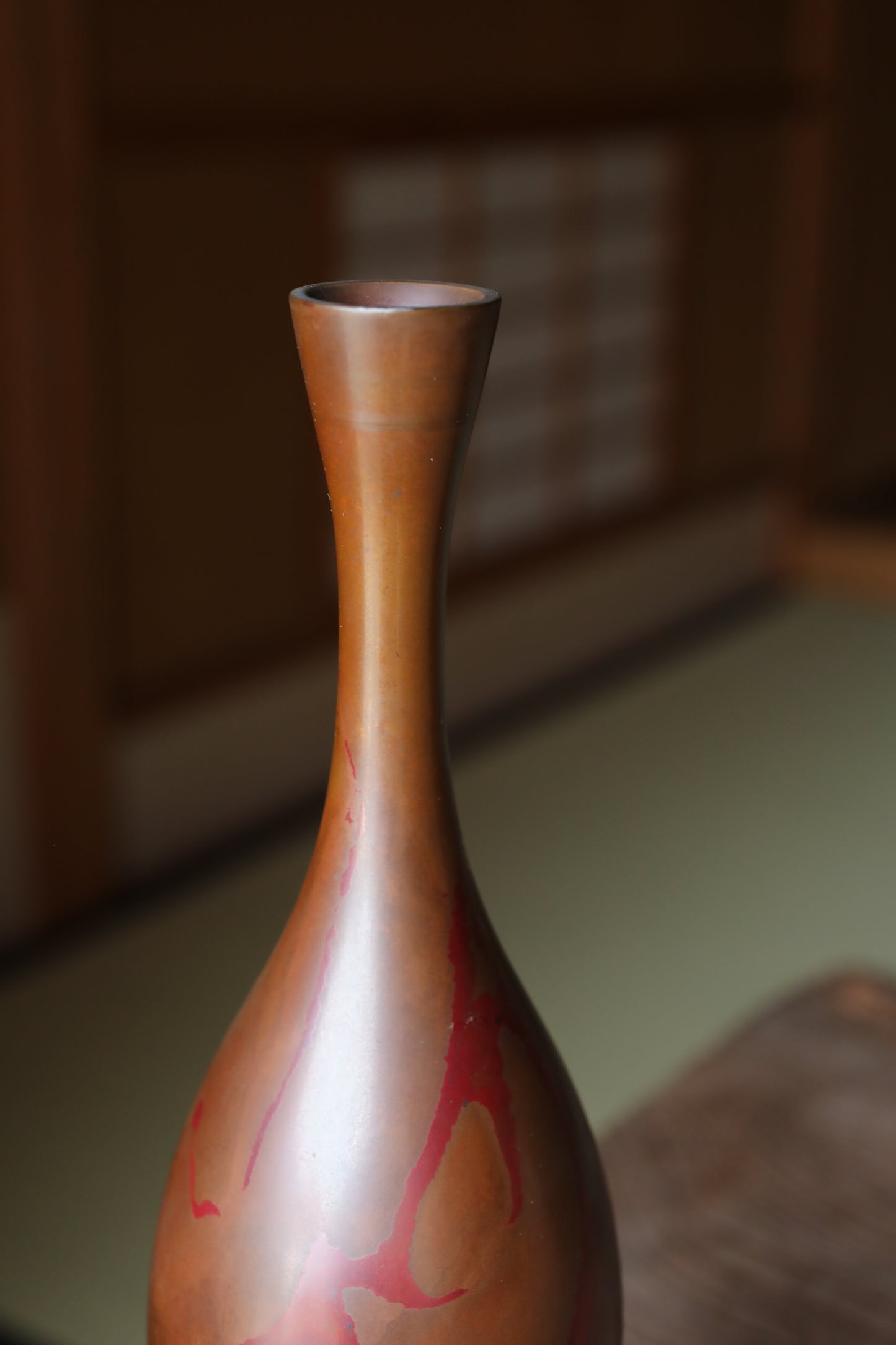 FINE! Japanese vintage bronze vase 鶴首TSURUKUBI gourd shaped marbled collar with wood box, for Tea ceremony TAKAOKA For Gift H10.8in/H27.5cm