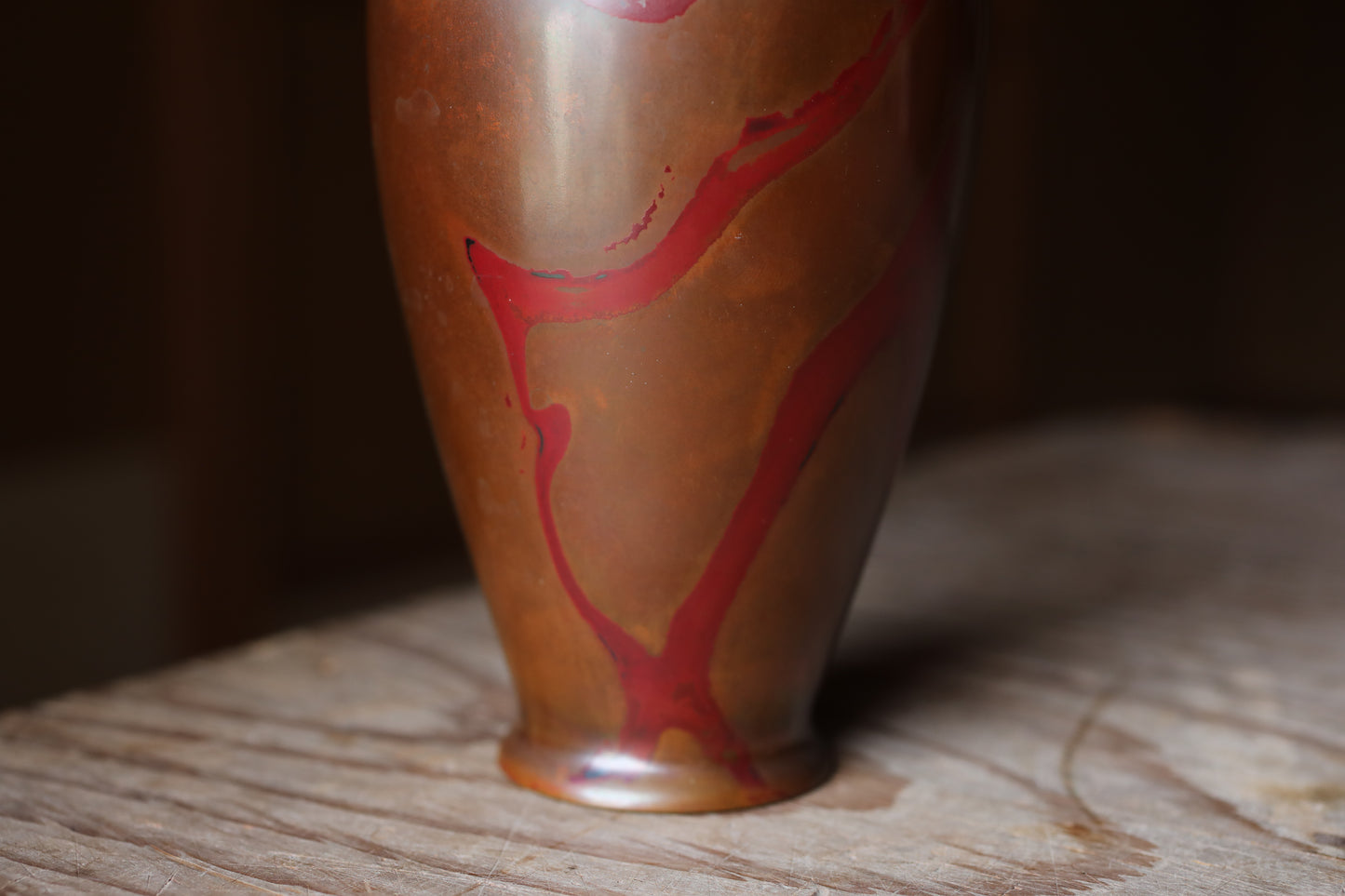 FINE! Japanese vintage bronze vase 鶴首TSURUKUBI gourd shaped marbled collar with wood box, for Tea ceremony TAKAOKA For Gift H10.8in/H27.5cm