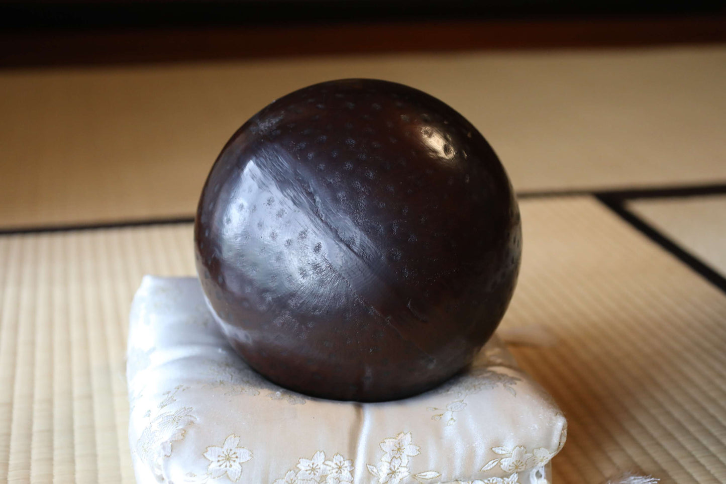 Japanese vintage Bronze buddhist chanting bell, Singing Bowl, ORIN Buddhist temple with cushions Cherry Blossom Design, stick W8.3in/W21cm