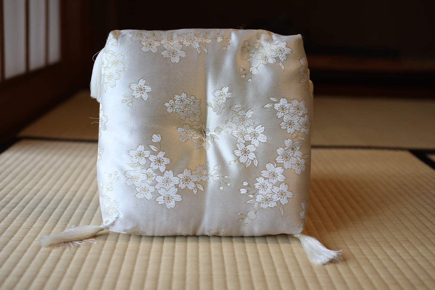 Japanese vintage Bronze buddhist chanting bell, Singing Bowl, ORIN Buddhist temple with cushions Cherry Blossom Design, stick W8.3in/W21cm