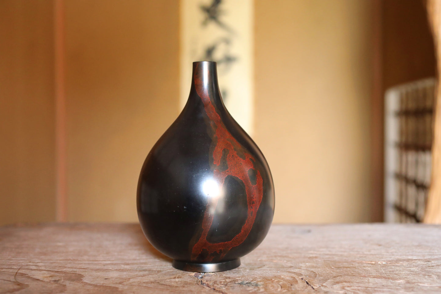 FINE! Japanese vintage 1960s Bronze flower vase black, red marble with beautiful with 峰雲  sign furniture H8.7in/H22cm