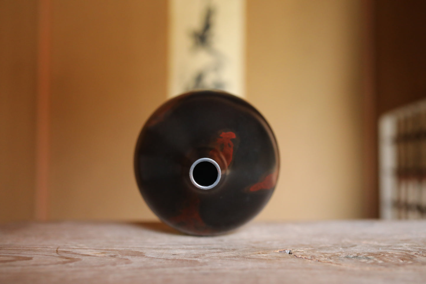 FINE! Japanese vintage 1960s Bronze flower vase black, red marble with beautiful with 峰雲  sign furniture H8.7in/H22cm