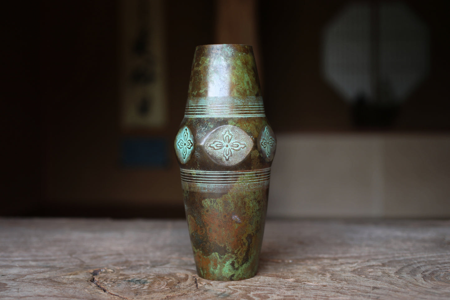 Japanese Vintage 1960s bronze vase with flower relief with signature, metal hand craft vase, H8.9×W3.5in/H22.5×9cm