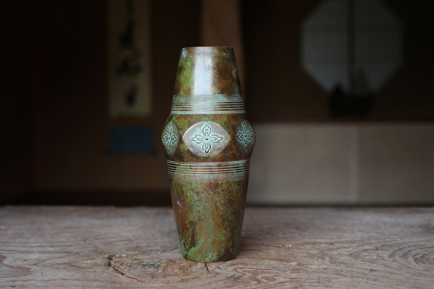 Japanese Vintage 1960s bronze vase with flower relief with signature, metal hand craft vase, H8.9×W3.5in/H22.5×9cm