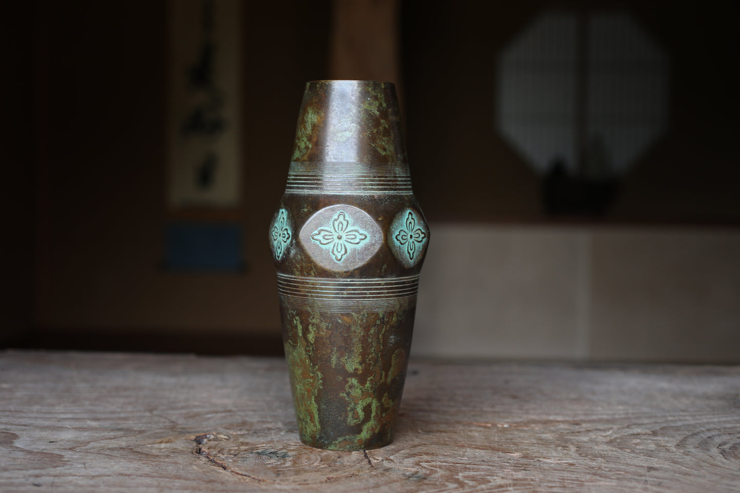 Japanese Vintage 1960s bronze vase with flower relief with signature, metal hand craft vase, H8.9×W3.5in/H22.5×9cm