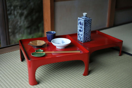 Pair of Japanese antique Urushi Red Lacquer wood tray with legs Large-Medium Set, Serving tray Ozen/Obon/ Japanese furniture 12.4in/31.5cm