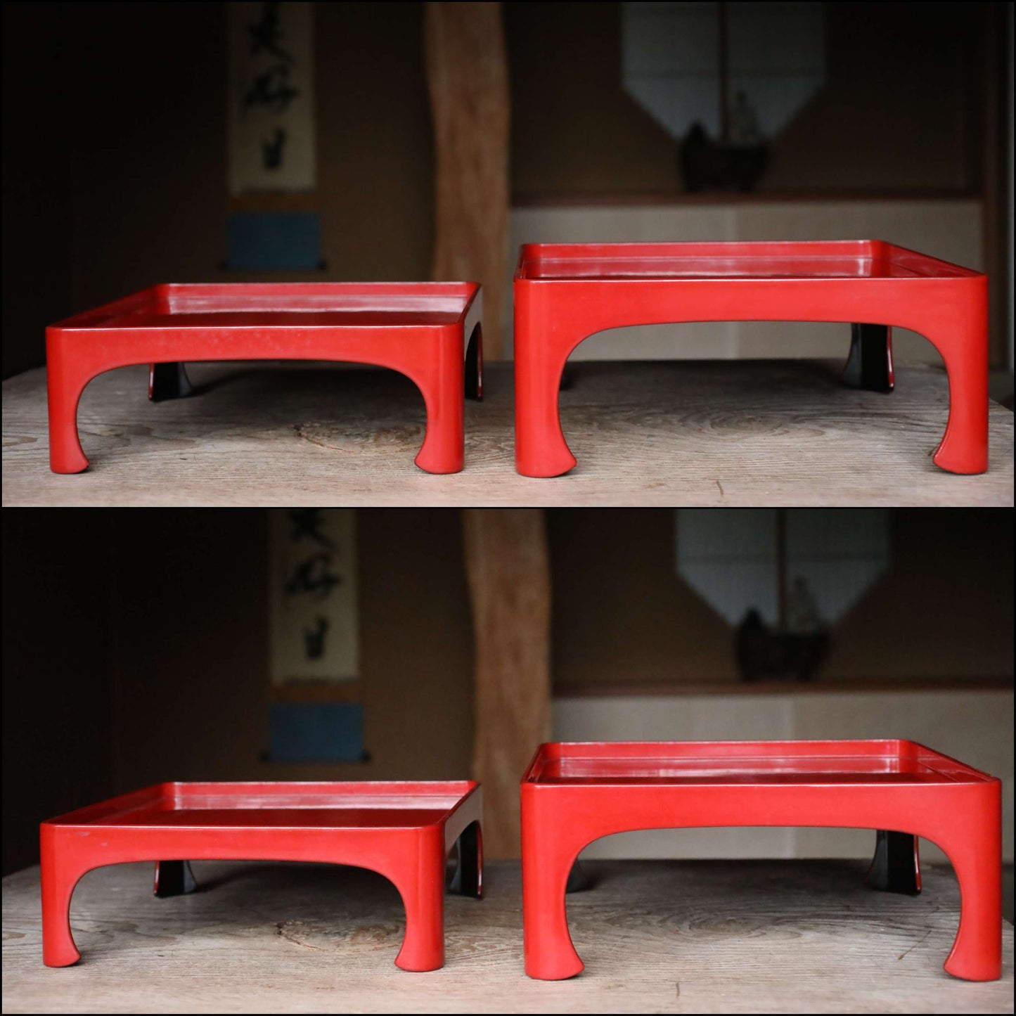 Pair of Japanese antique Urushi Red Lacquer wood tray with legs Large-Medium Set, Serving tray Ozen/Obon/ Japanese furniture 12.4in/31.5cm