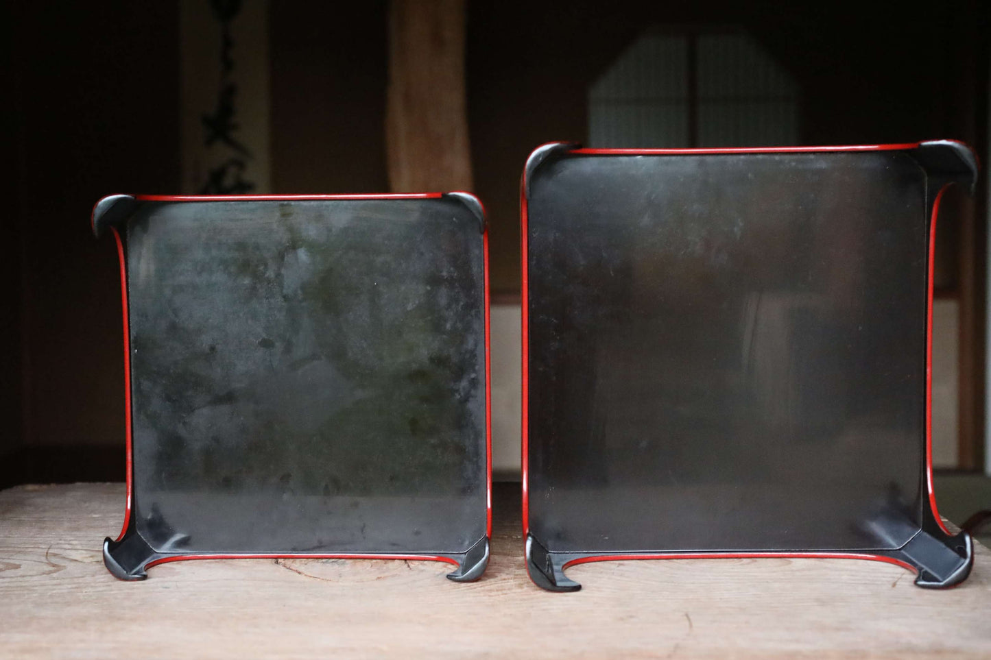 Pair of Japanese antique Urushi Red Lacquer wood tray with legs Large-Medium Set, Serving tray Ozen/Obon/ Japanese furniture 12.4in/31.5cm