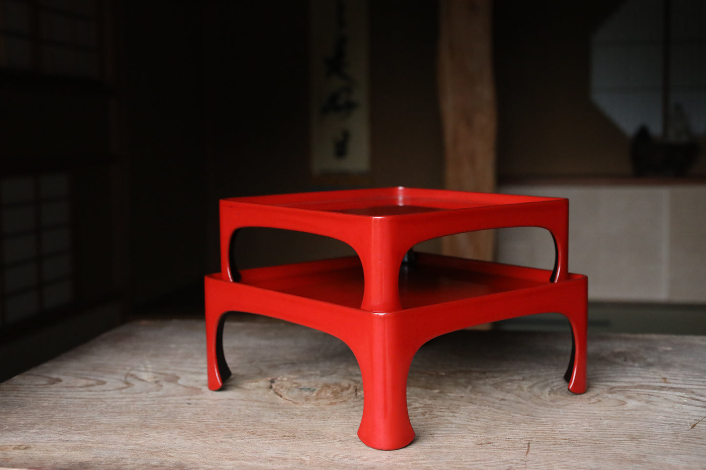 Pair of Japanese antique Urushi Red Lacquer wood tray with legs Large-Medium Set, Serving tray Ozen/Obon/ Japanese furniture 12.4in/31.5cm