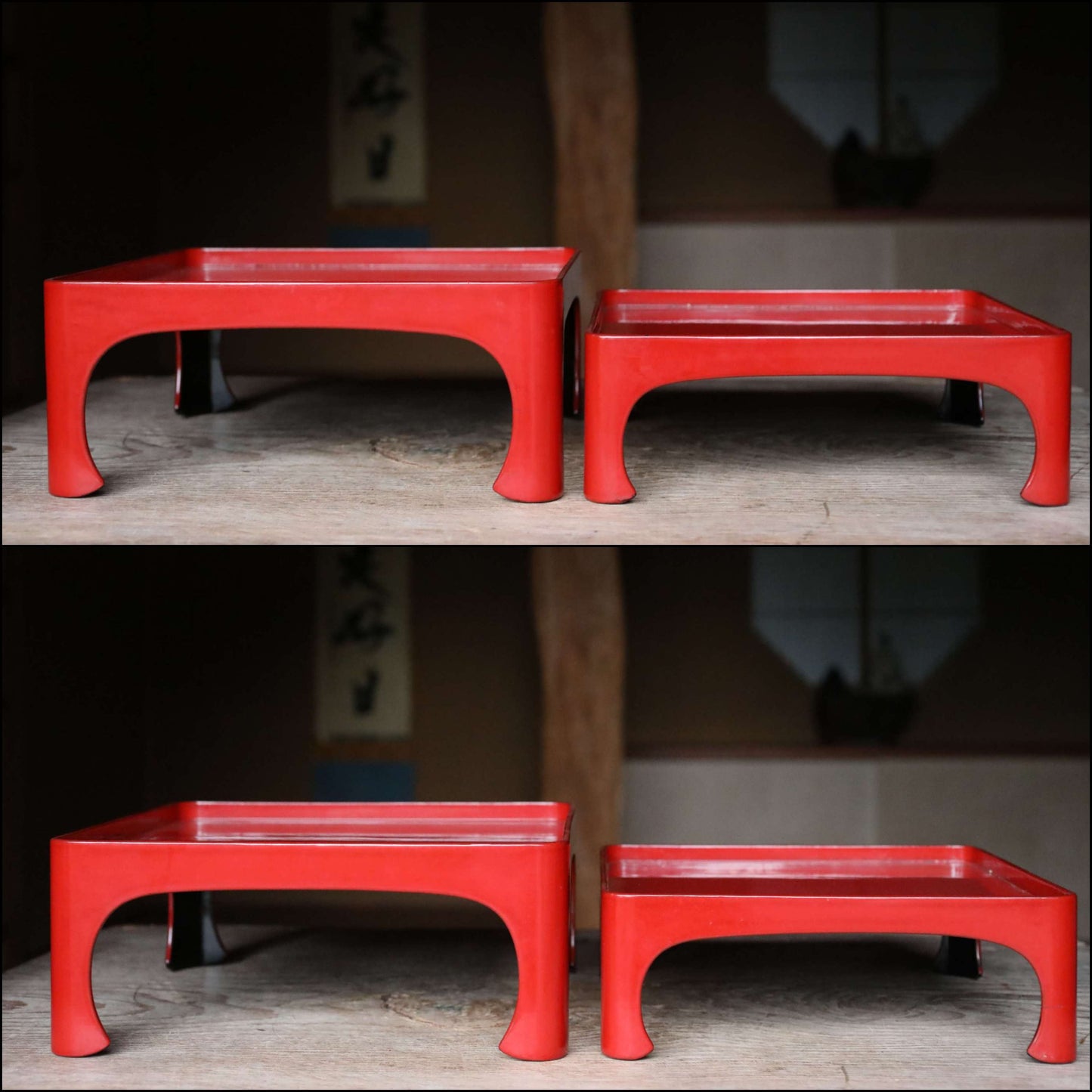 Pair of Japanese antique Urushi Red Lacquer wood tray with legs Large-Medium Set, Serving tray Ozen/Obon/ Japanese furniture 12.4in/31.5cm