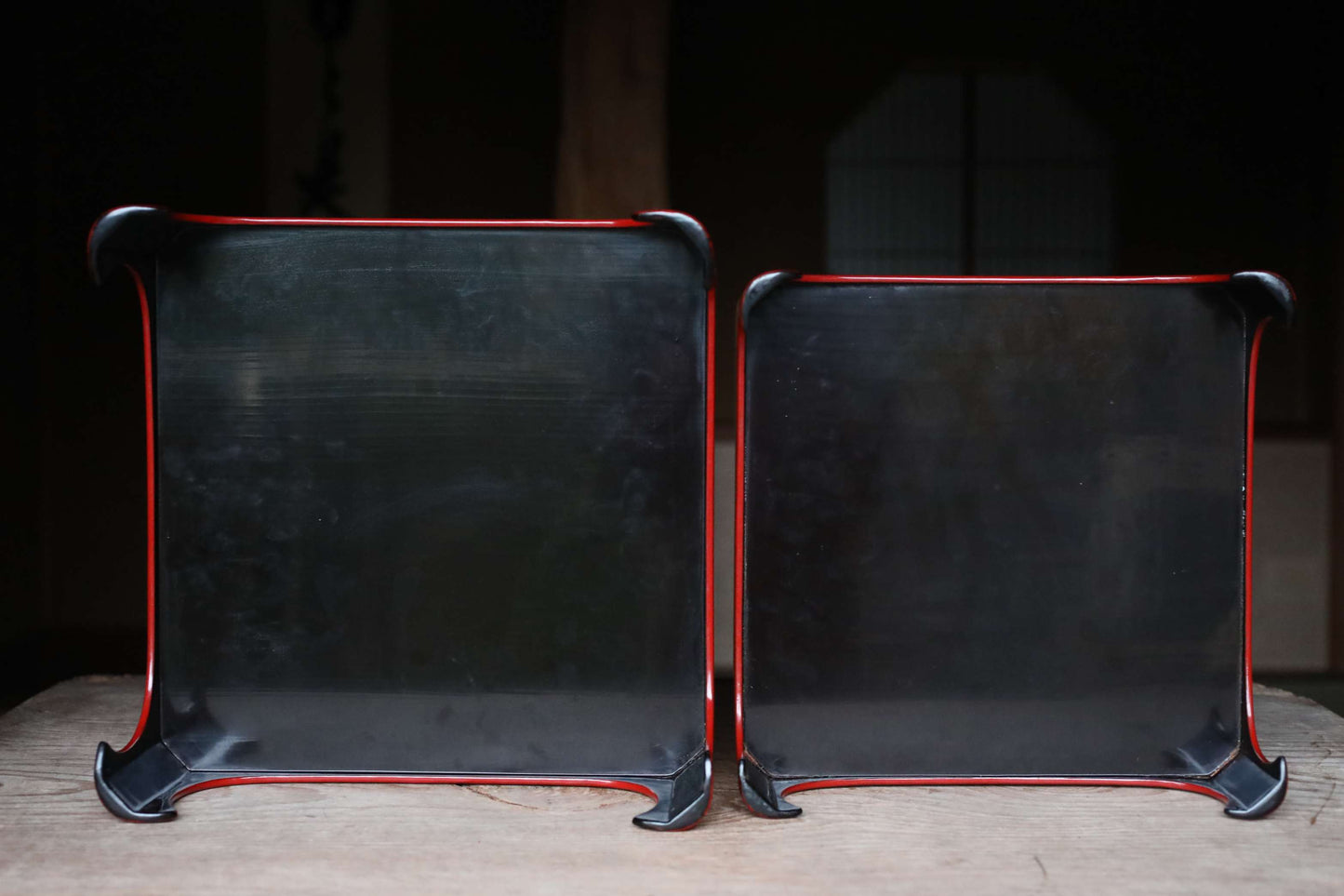 Pair of Japanese antique Urushi Red Lacquer wood tray with legs Large-Medium Set, Serving tray Ozen/Obon/ Japanese furniture 12.4in/31.5cm