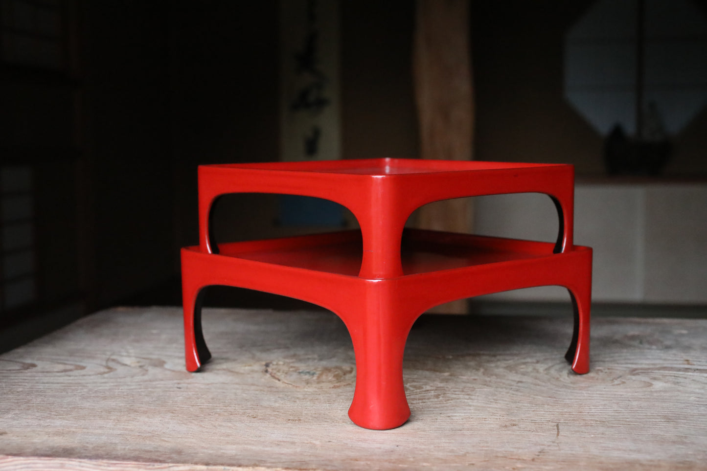 Pair of Japanese antique Urushi Red Lacquer wood tray with legs Large-Medium Set, Serving tray Ozen/Obon/ Japanese furniture 12.4in/31.5cm