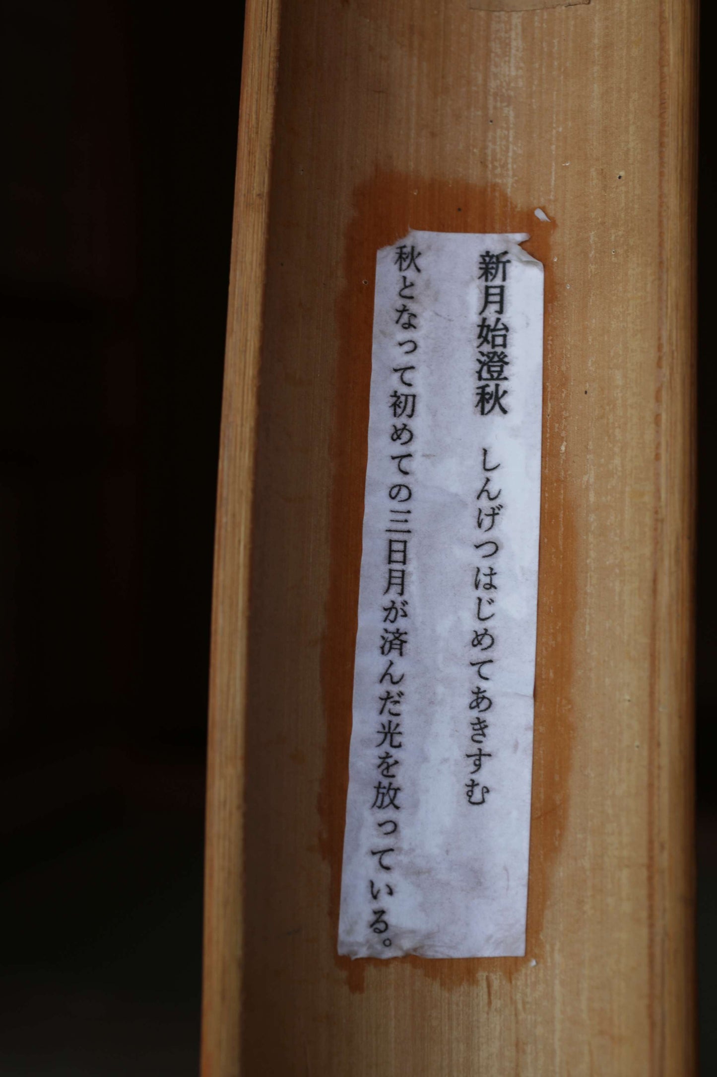 Japanese calligraphy "新月始澄秋" curving signboard made of vintage bamboo with signature, tea house utensil H22.4in/H57cm