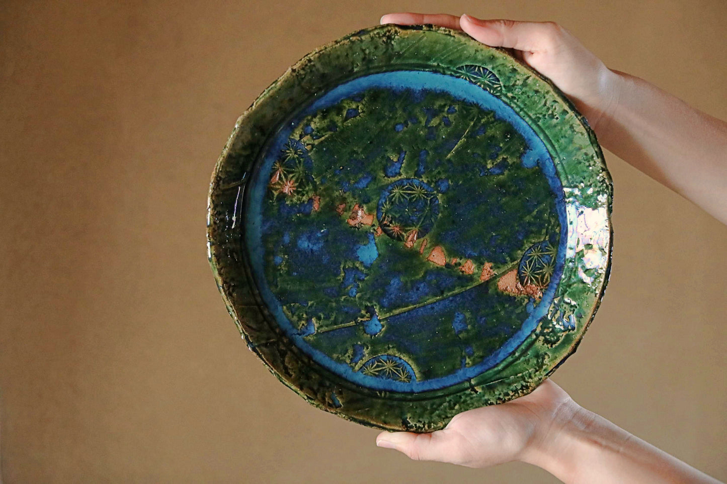 Japanese ceramic large plate ORIBE ware green rectangle dish, for Tea ceremony minimalist abstract kiln art craft W10.6in/W27cm