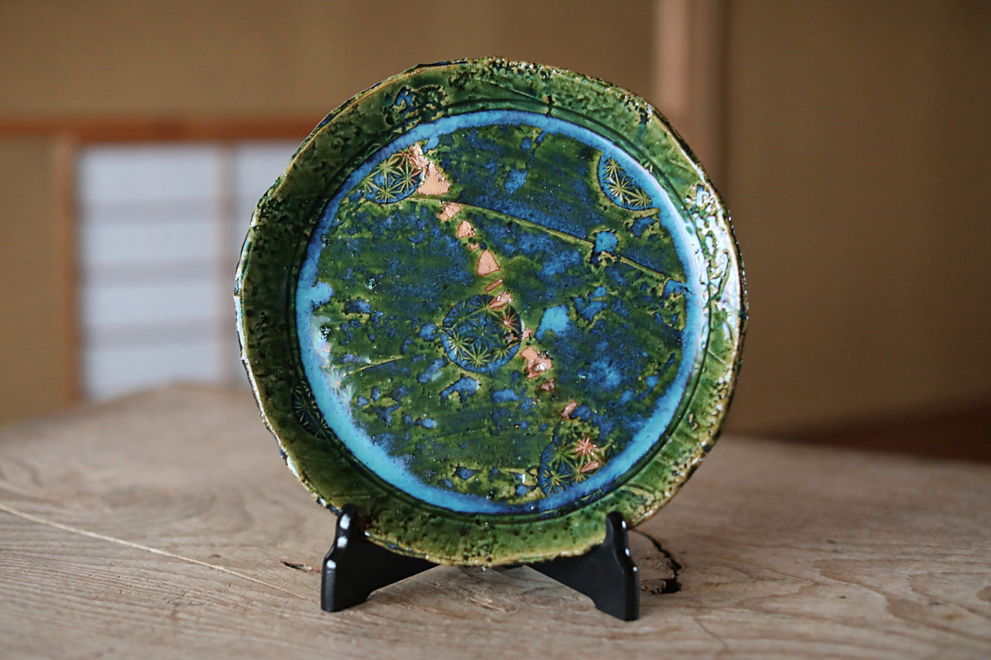 Japanese ceramic large plate ORIBE ware green rectangle dish, for Tea ceremony minimalist abstract kiln art craft W10.6in/W27cm