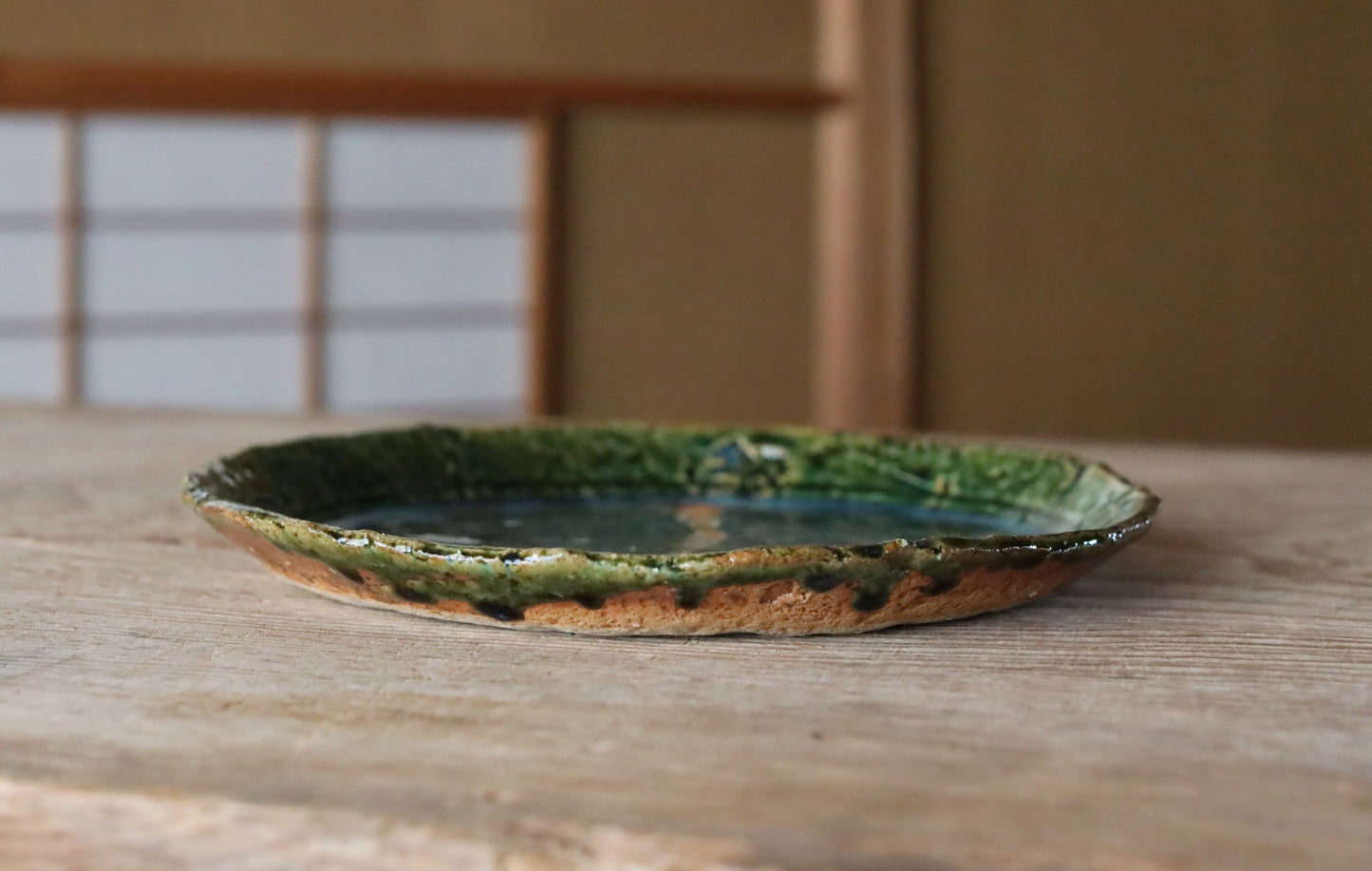 Japanese ceramic large plate ORIBE ware green rectangle dish, for Tea ceremony minimalist abstract kiln art craft W10.6in/W27cm