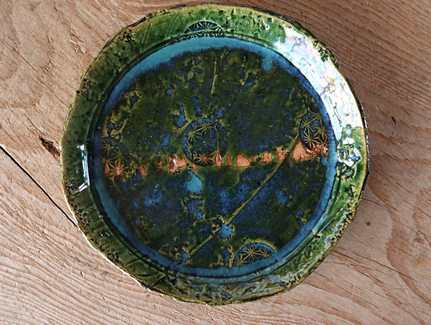 Japanese ceramic large plate ORIBE ware green rectangle dish, for Tea ceremony minimalist abstract kiln art craft W10.6in/W27cm