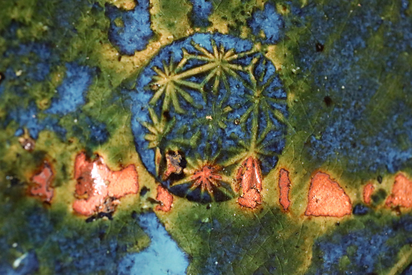 Japanese ceramic large plate ORIBE ware green rectangle dish, for Tea ceremony minimalist abstract kiln art craft W10.6in/W27cm