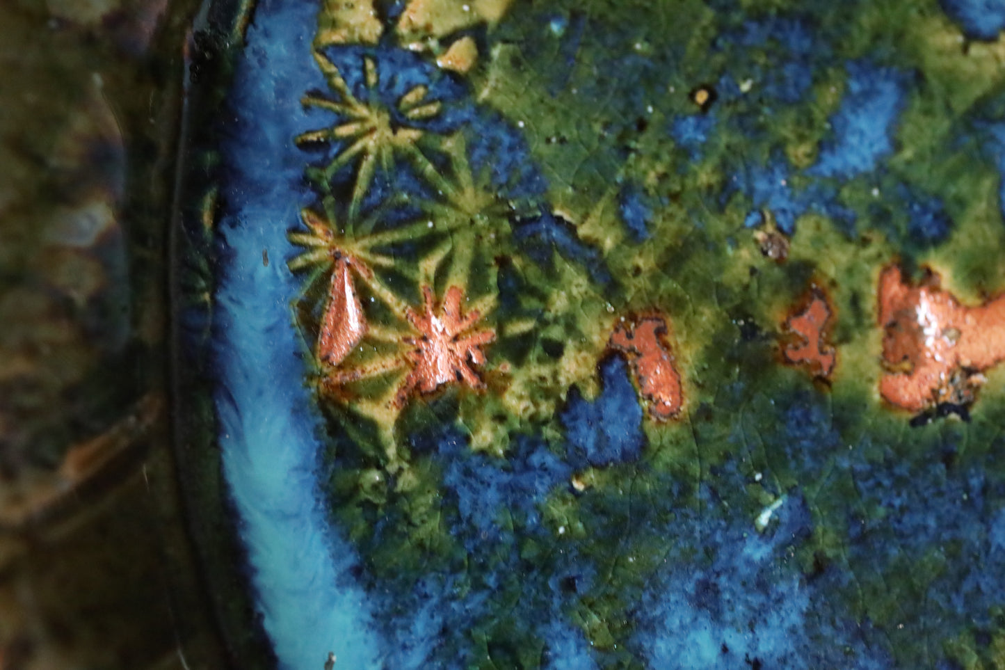 Japanese ceramic large plate ORIBE ware green rectangle dish, for Tea ceremony minimalist abstract kiln art craft W10.6in/W27cm