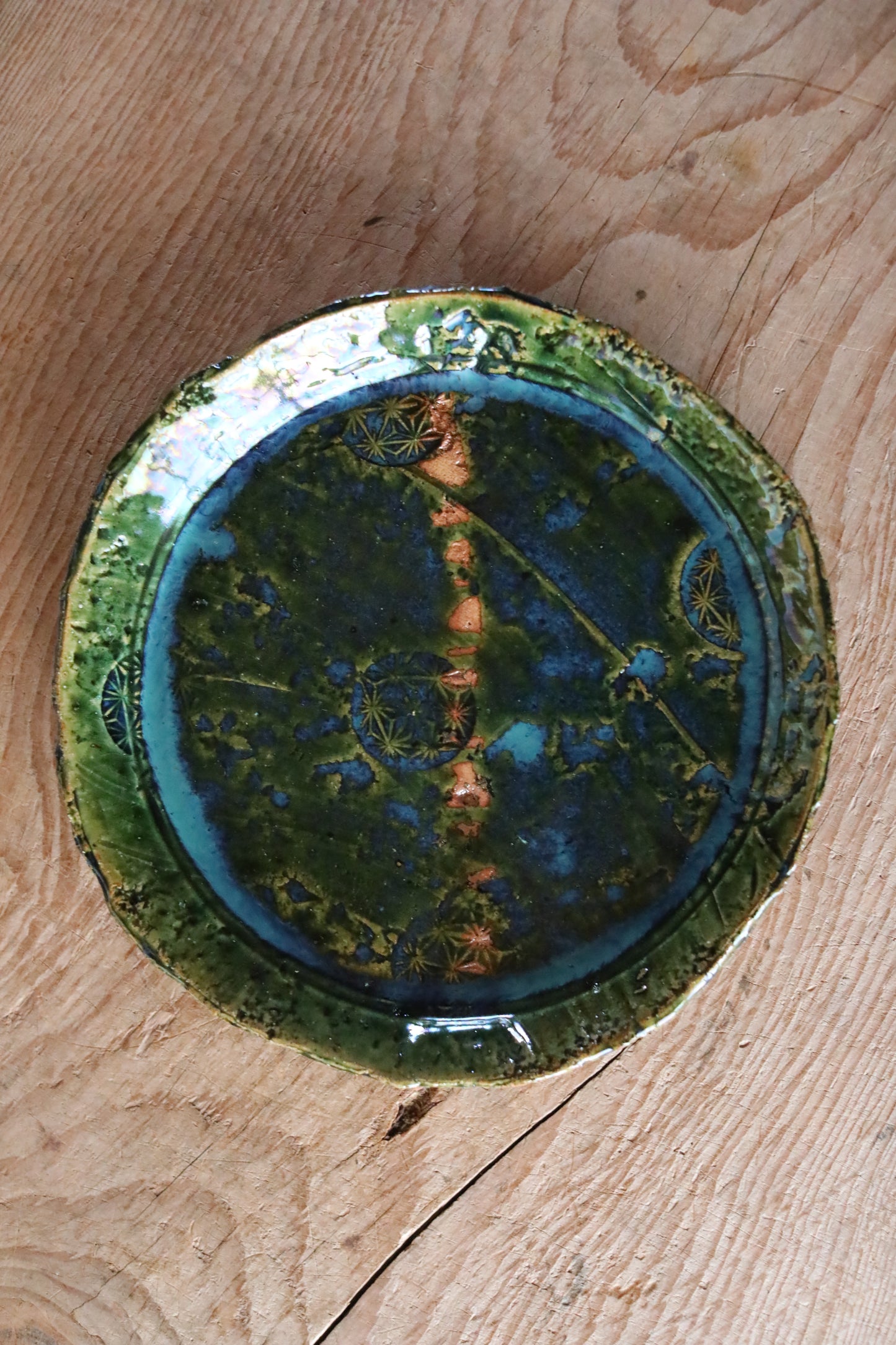 Japanese ceramic large plate ORIBE ware green rectangle dish, for Tea ceremony minimalist abstract kiln art craft W10.6in/W27cm