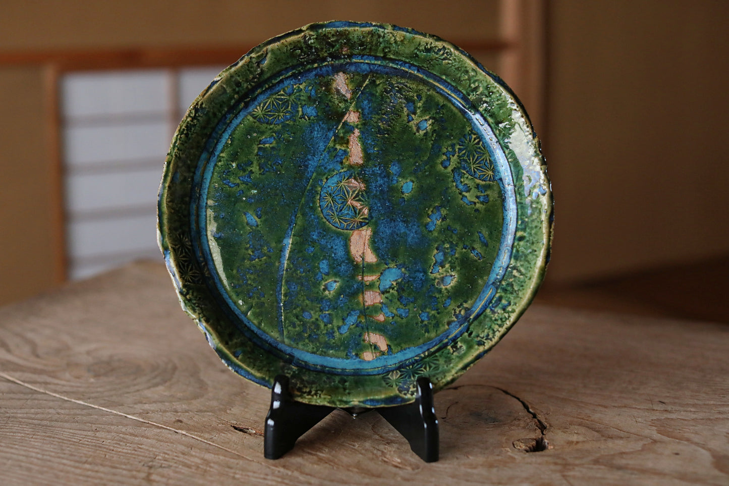 Japanese ceramic large plate ORIBE ware green rectangle dish, for Tea ceremony minimalist abstract kiln art craft W10.6in/W27cm