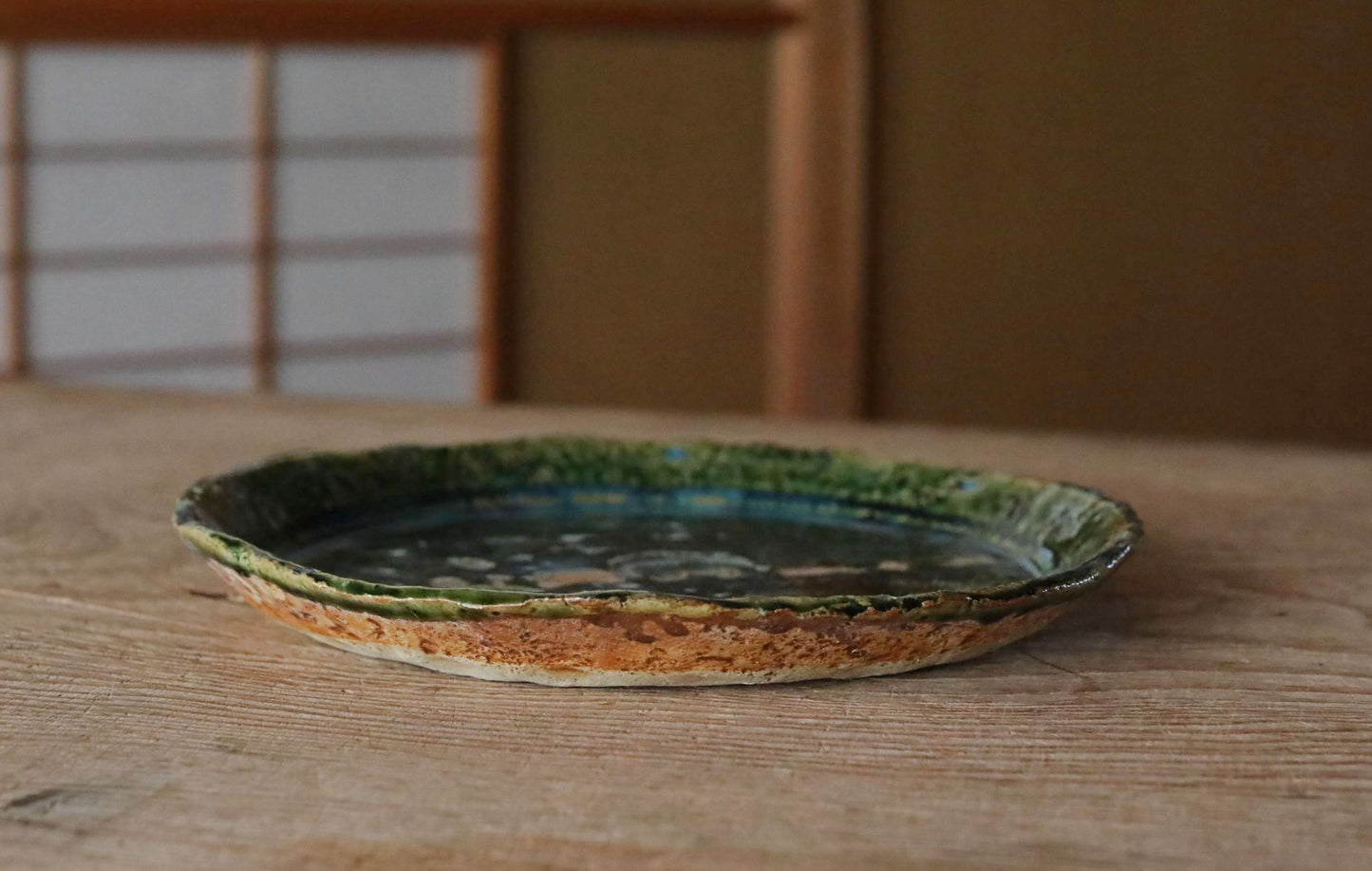 Japanese ceramic large plate ORIBE ware green rectangle dish, for Tea ceremony minimalist abstract kiln art craft W10.6in/W27cm