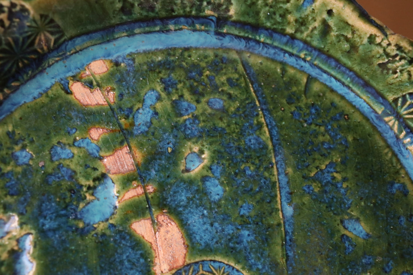 Japanese ceramic large plate ORIBE ware green rectangle dish, for Tea ceremony minimalist abstract kiln art craft W10.6in/W27cm