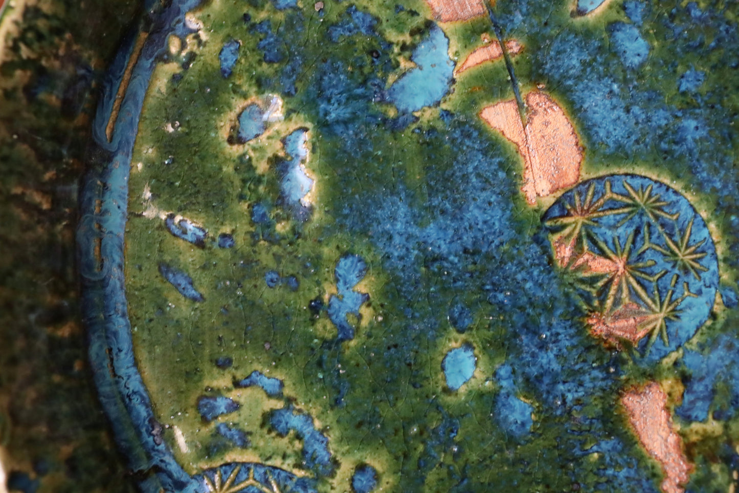 Japanese ceramic large plate ORIBE ware green rectangle dish, for Tea ceremony minimalist abstract kiln art craft W10.6in/W27cm