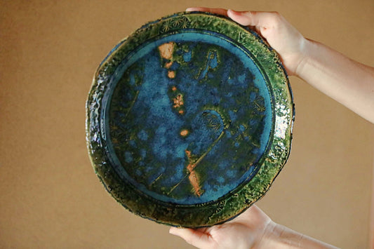 Japanese ceramic large plate ORIBE ware green rectangle dish, for Tea ceremony minimalist abstract kiln art craft W10.6in/W27cm