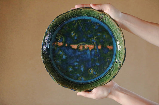 Japanese ceramic large plate ORIBE ware green rectangle dish, for Tea ceremony minimalist abstract kiln art craft W10.6in/W27cm