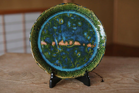 Japanese ceramic large plate ORIBE ware green rectangle dish, for Tea ceremony minimalist abstract kiln art craft W10.6in/W27cm