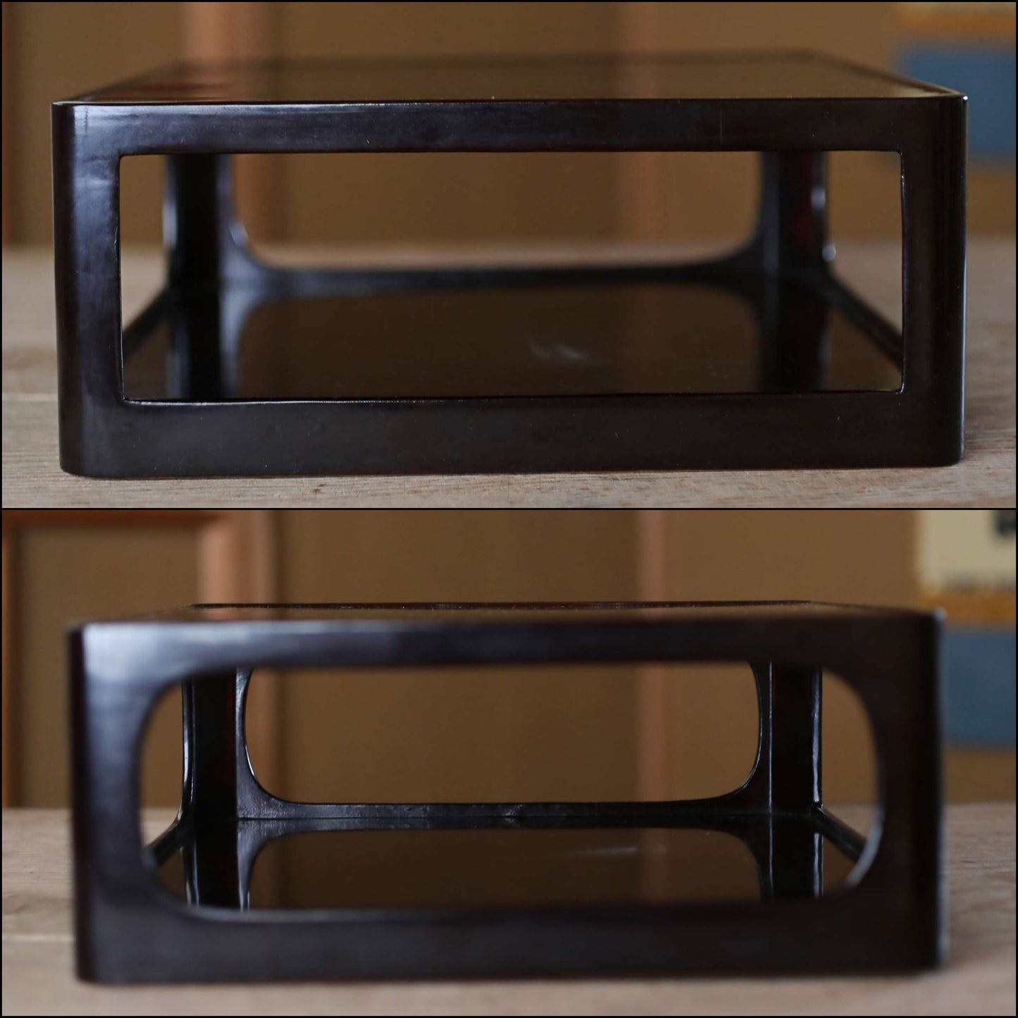 Japanese 1920s black URUSHI lacquer square tray OBON red urushi wooden tableware Tea ceremony OZEN H4.9×11.9in/H12.4×30.3cm