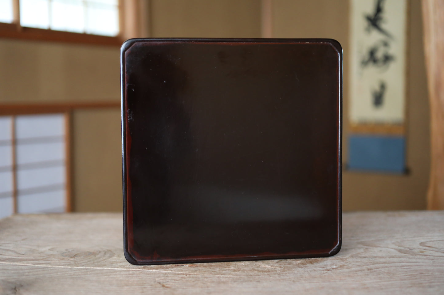 Japanese 1920s black URUSHI lacquer square tray OBON red urushi wooden tableware Tea ceremony OZEN H4.9×11.9in/H12.4×30.3cm