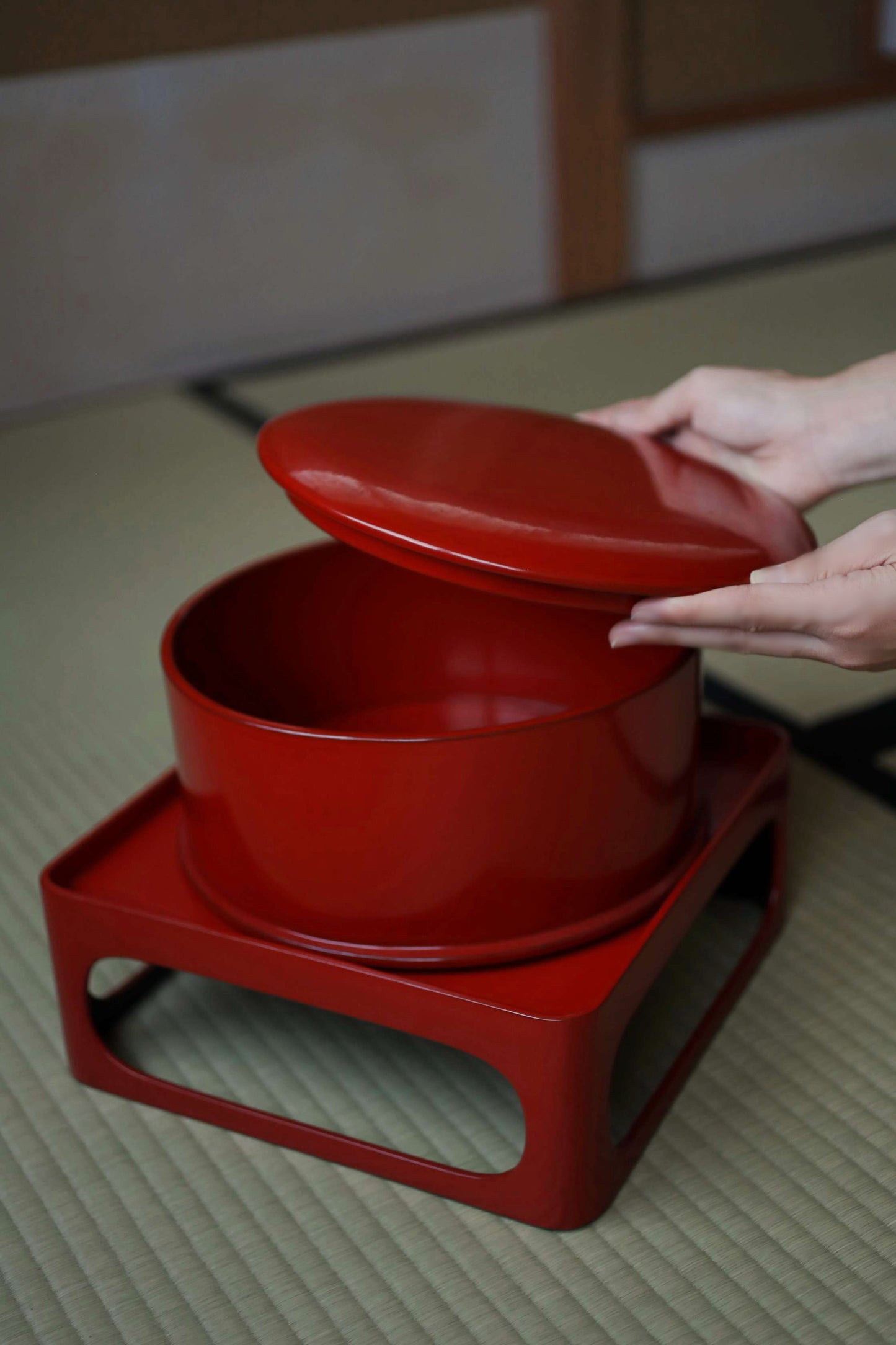 Set of Japanese antique Urushi Red Lacquer wood rice tub, tray and container with lid Serving tray Ozen/Obon/ Japanese furniture