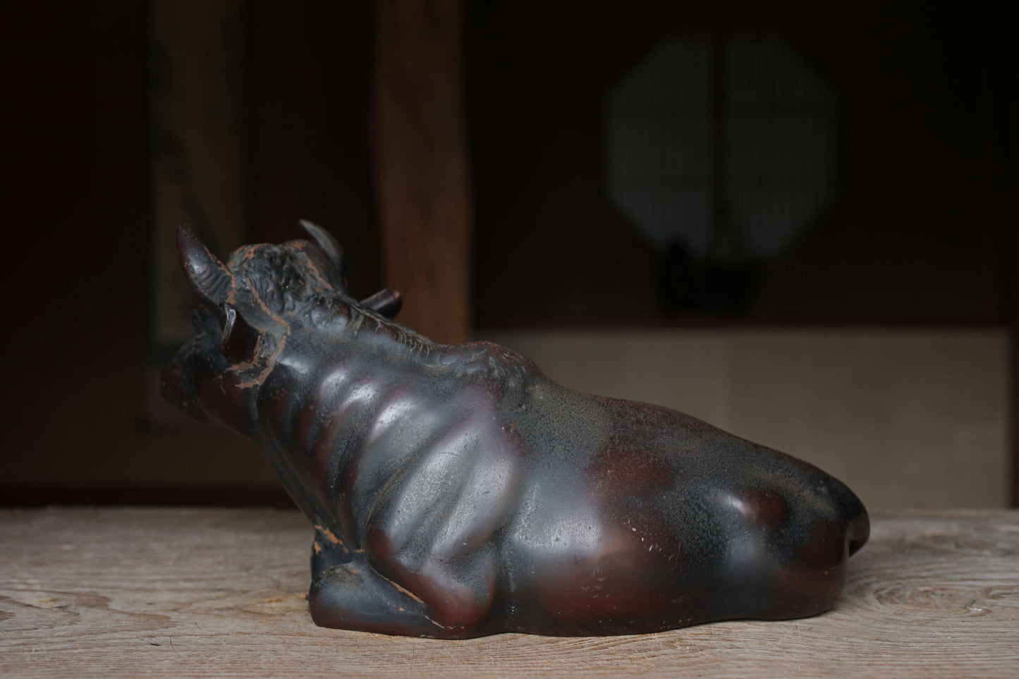 Japanese cast iron Cow Large Figurine, Vintage Animal Art (W16.3in/W41.5cm)