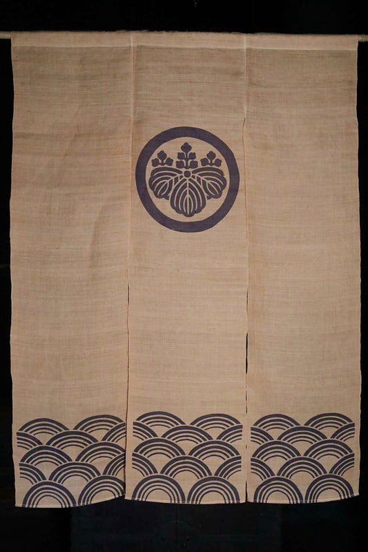 Japanese Noren curtain with a family crest and waves, 100% linen, interior, wall hanging H57.5×42.1in/H146×107cm